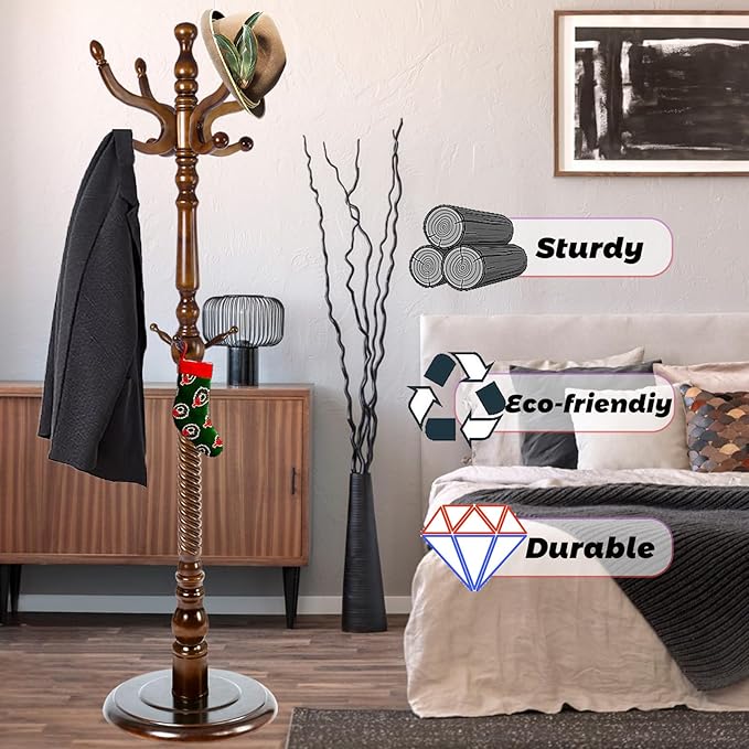 73 in Wood Coat Rack, Coat Rack Freestanding with Stable Round Base, Adjustable Height Tree Coat Racks Stand for Home Bedroom Office Hallway Entryway (Antique color)
