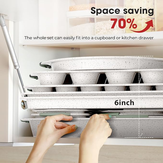 11-Piece Non-Toxic Baking Set, Stackable Nonstick Cookware with Heat-Resistant Handles - Includes Cookie Tray, Round Cake Pan, Muffin Cups, Pizza Pan & Loaf Baker, White&Light Green