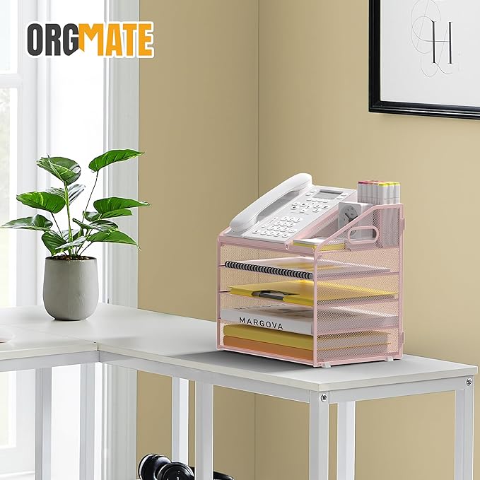 Letter Tray Paper, 5 Tier Desk Organizer with Pen Holder and Handle, Mesh File Organizer Paper Sorter Metal Desktop Document Shelf for Office Home Classroom - Pink
