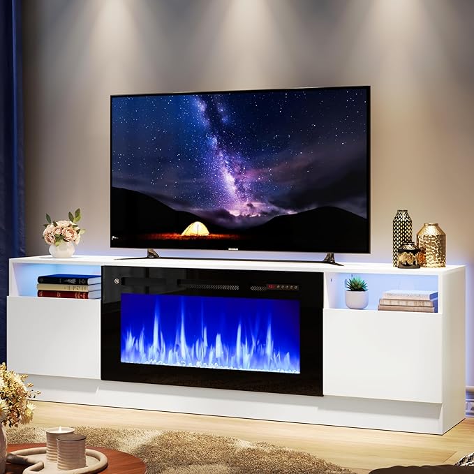 oneinmil 70" TV Stand with 36" Electric Fireplace, Large Modern Media Entertainment Center with Storage Cabinet and 12 Colors LED Lights for TVs Up to 80", White and Black