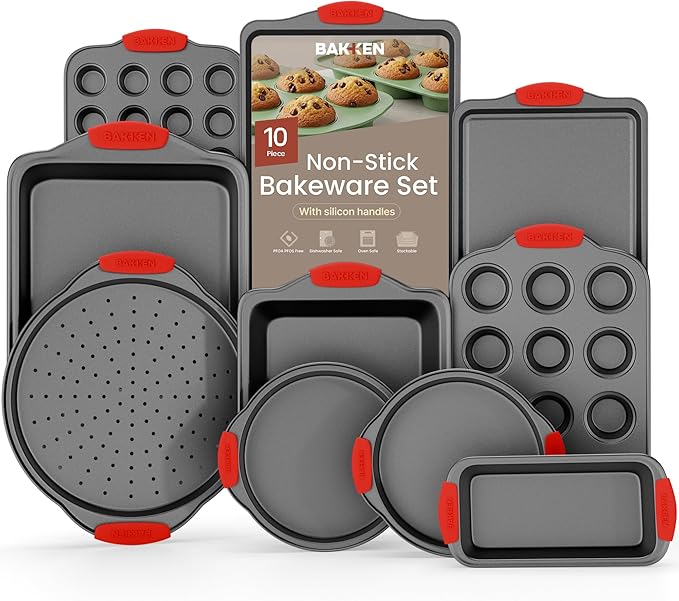 Baking Set – 10 Piece Kitchen Oven Bakeware Set – Deluxe Non-Stick Blue Coating Inside and Outside – Carbon Steel – Red Silicone Handles – PFOA PFOS and PTFE Free by Bakken,Black