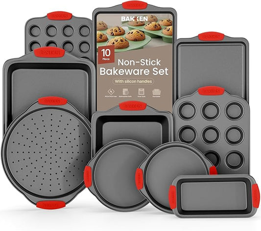 Baking Set – 10 Piece Kitchen Oven Bakeware Set – Deluxe Non-Stick Blue Coating Inside and Outside – Carbon Steel – Red Silicone Handles – PFOA PFOS and PTFE Free by Bakken,Black