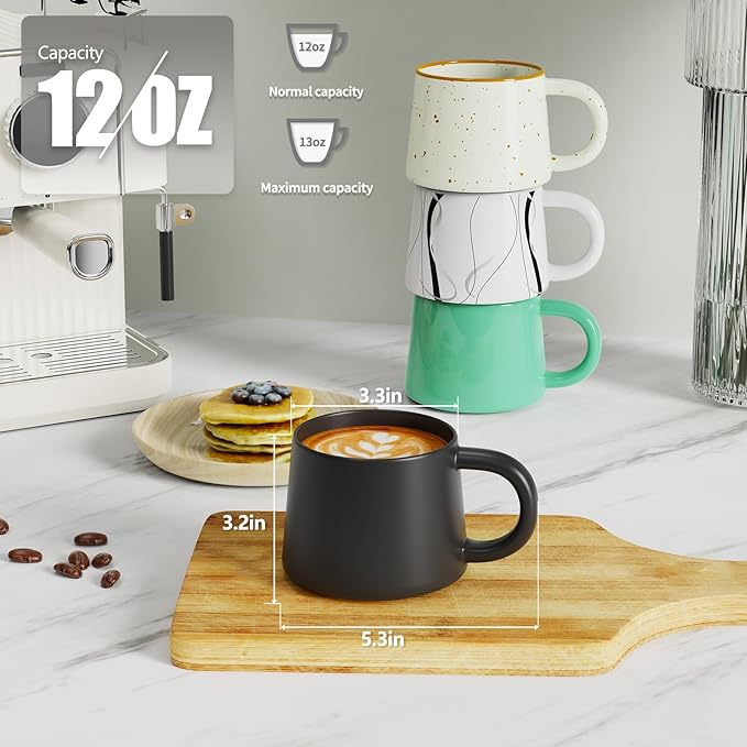 12 oz Coffee Mugs Set of 4, Modern Stackable Coffee Cups Set for Latte, Hot Tea, Cappuccino, Ceramic Coffee Mug Tea Cup, Dishwasher & Microwave Safe, Housewarming Wedding Present (Mixed Color)
