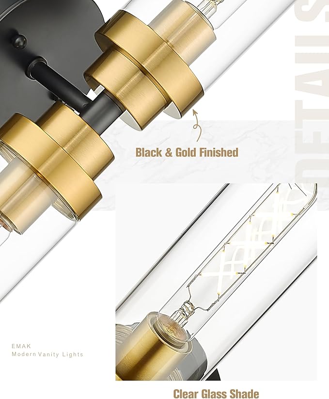 Emak Black and Gold Vanity Lights for Mirror, Modern 22 Inch Bathroom Light Fixtures with Clear Glass Shade, 2-Light Cylinder Wall Sconce for Bathroom, Bedroom, Hallway, VL085-BKBGD-2