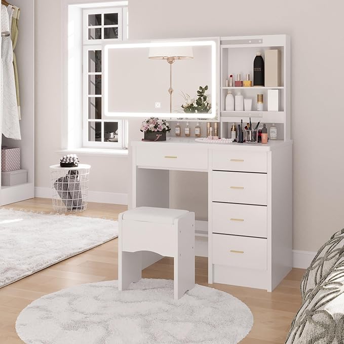 Vanity Desk with Mirror and Lights, 31.5" Makeup Vanity with Sliding Mirror and 3 Light Modes, Modern Vanity Table with 5 Drawers, Hidden and Open Storage Shelves, Makeup Desk for Bedroom, White