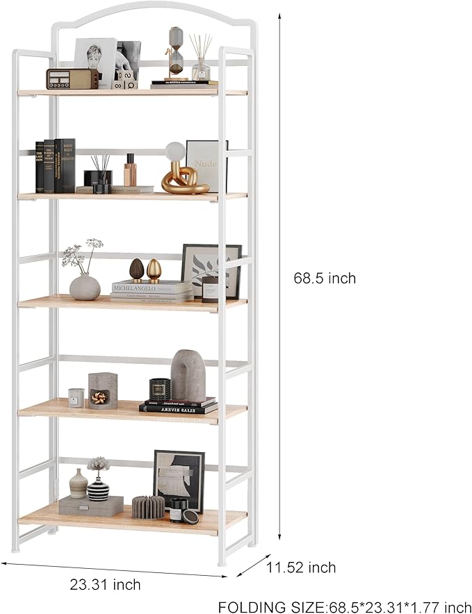 JSB No Assembly Folding Bookshelf, 5 Tier Book Shelf for Storage, Vintage Wood Foldable Bookcase for Living Room, Bedroom, Office Organization Shelves