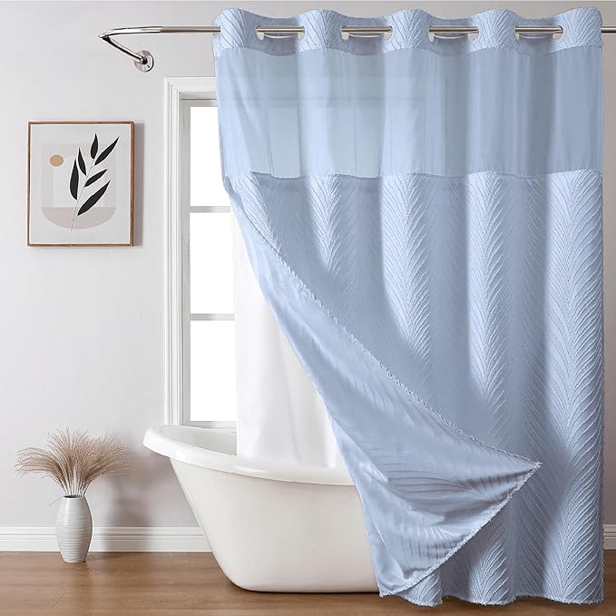 no Hook Shower Curtain and Liner Set，Boho Style with See Through Top Window, Blue Fabric Tufted Striped Textured Outer Curtain & Waterproof Inner Liner, FrostBlue, 71Wx98H