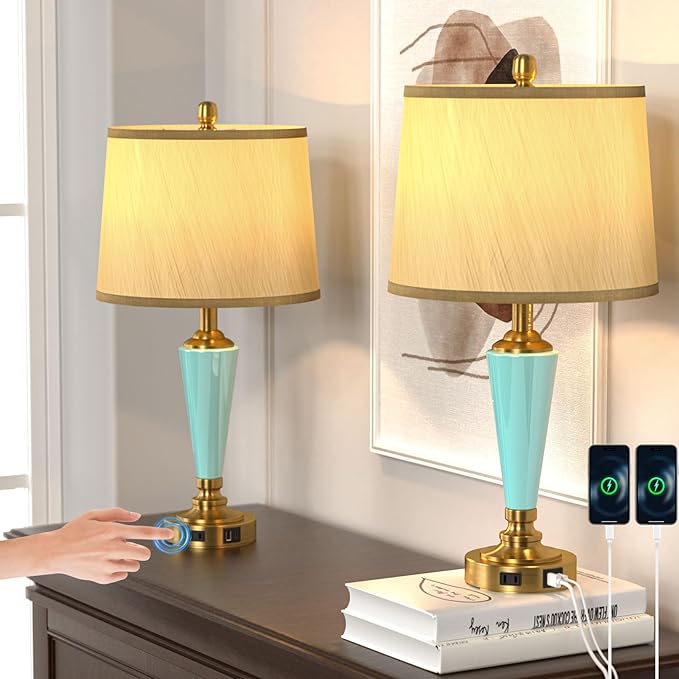 24" Ceramic Table Lamp with 3 Way Dimmable Touch Lamps - 2 USB Ports & AC Outlet Bedside Lamps, Modern Nightstand Lamp for Bedroom Living Room Office (Bulb Included) (Sky Blue-2 Pack)
