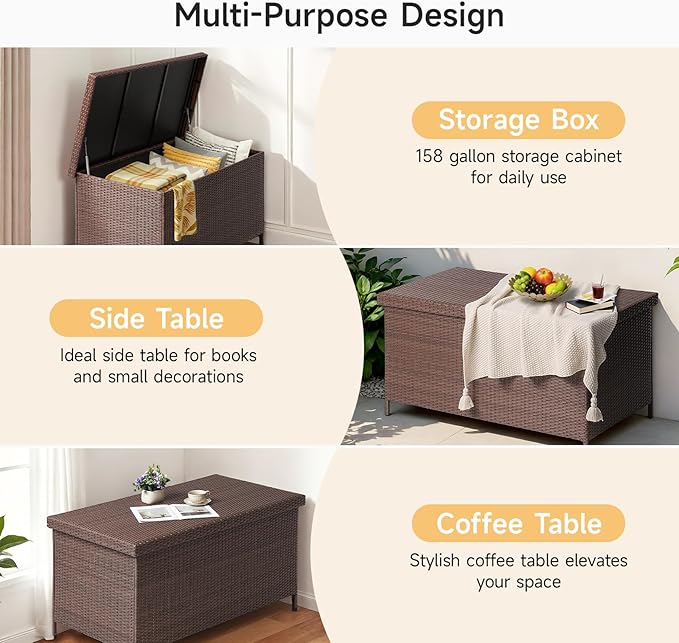 158 Gallon XL Deck Box with Lid, All Weather Wicker Outdoor Storage Box Waterproof, Large Outdoor Patio Storage Bin for Cushions, Garden Tools, Gears, Brown
