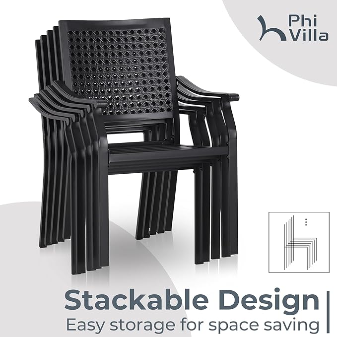PHI VILLA 9 Pieces Outdoor Dining Set for 8, Large Rectangular Metal Dining Table with Umbrella Hole & Stackable Wrought Iron Chairs, Dining Furniture for Patio, Deck, Yard, Porch
