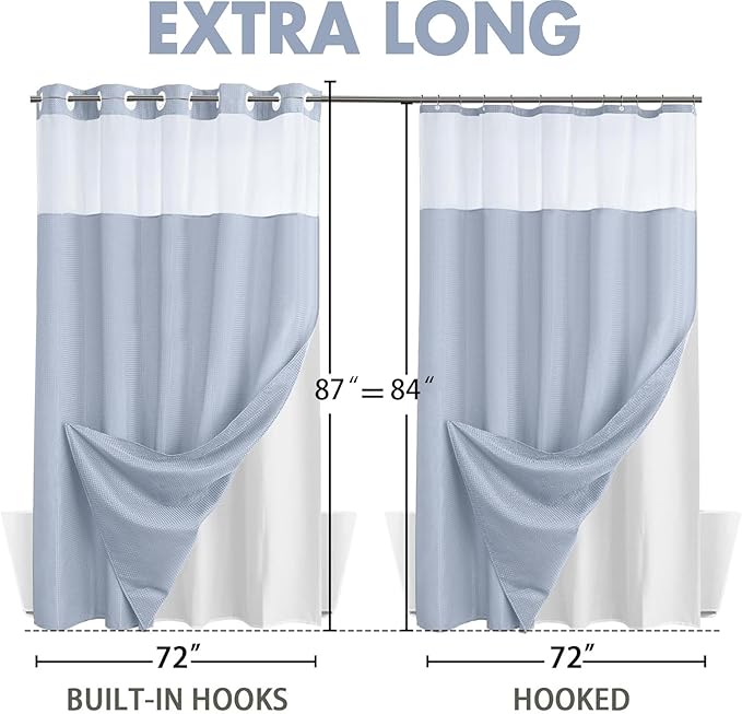 YellyHommy No Hook Shower Curtain with Snap in Liner Set Less Time Waffle Shower Curtain for Bathroom (Mist Blue, 87" L x 72" W)