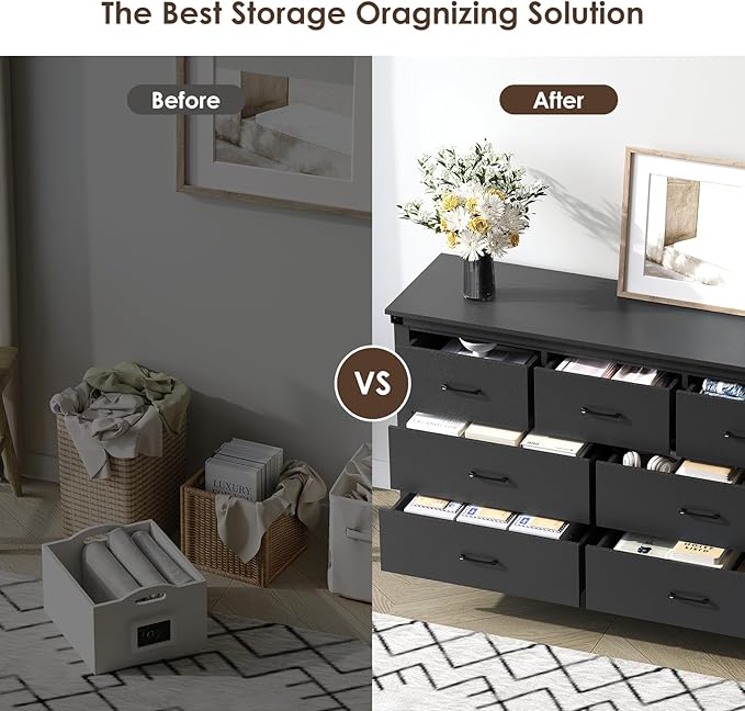 Farmhouse 7 Drawer Dresser for Bedroom, 51" Wide Chest of Drawers, Wooden Dresser TV Stand, Storage Dressers Organizer for Bedroom, Living Room, Hallway, Black