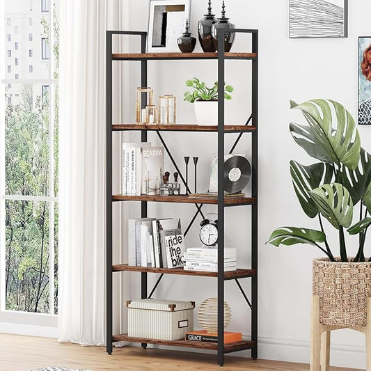 BON AUGURE Industrial Bookshelf, Etagere Bookcases and Book Shelves 5 Tier, Rustic Wood and Metal Shelving Unit (Rustic Oak)