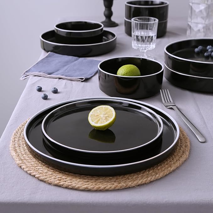 Famiware Nebula Plates and Bowls Sets for 4, 12 Pieces Stoneware Dinnerware Set, Microwave and Dishwasher Safe Dishes Set, Black with White Rim