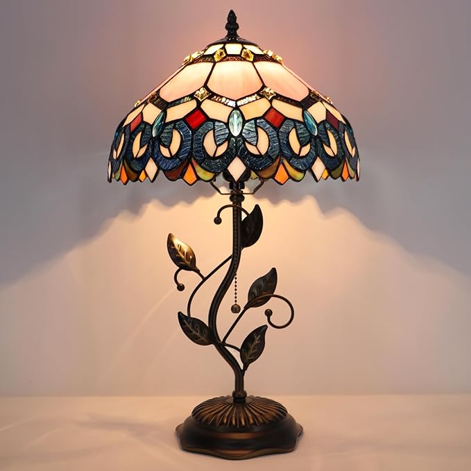 Tiffany Table Lamp, Pink Stained Glass Desk Light, W12H19 Inch, Metal Leaf Base (Pink Baroque Style)