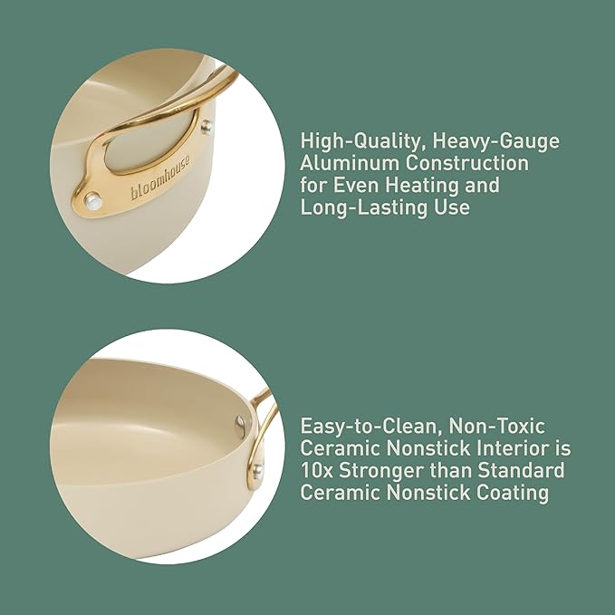 bloomhouse 8 Piece Pots and Pans Heavy Duty Aluminum Premium PFA Free Ceramic Nonstick Cookware Set - Almond Cream w/Gold Handle