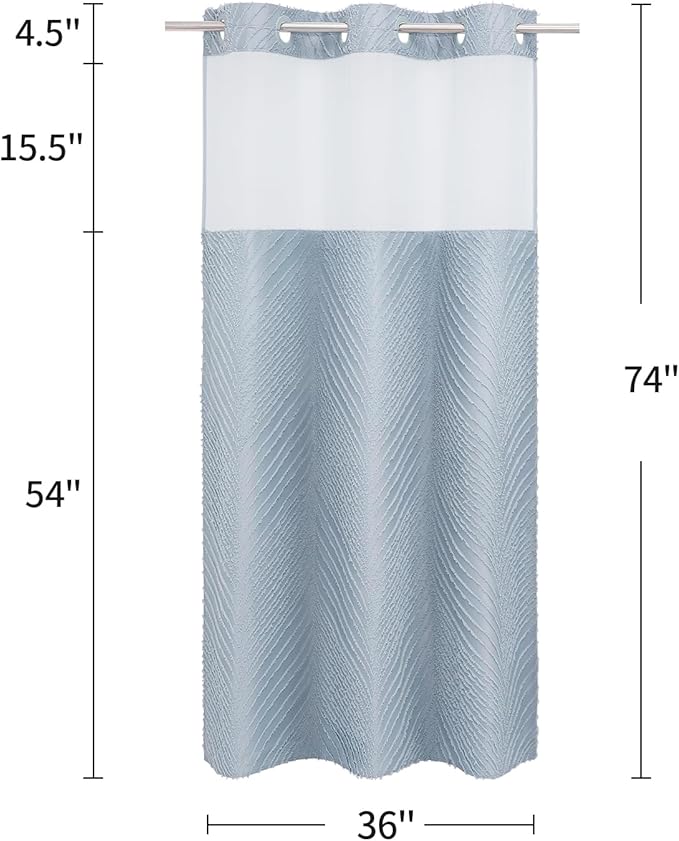 Fog Blue Boho Small Stall Shower Curtain 36 x 74, No Hook Half Size Narrow Modern Fabric Shower Curtain with Snap in Liner, Hotel Style with See Through Top Window