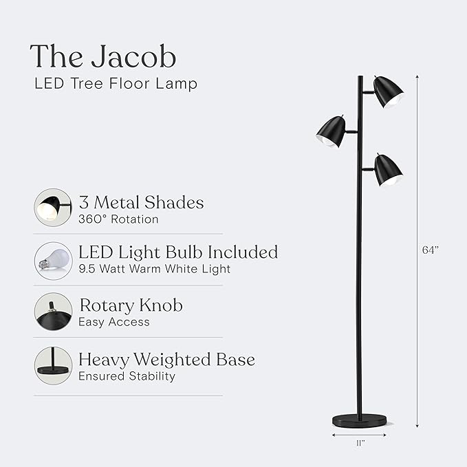Brightech Jacob LED Standing Lamp, Modern Bright Floor Lamps for Living Rooms & Bedrooms, Tall LED Lighting Lamp with Adjustable 3 Light Tree – Classic Black