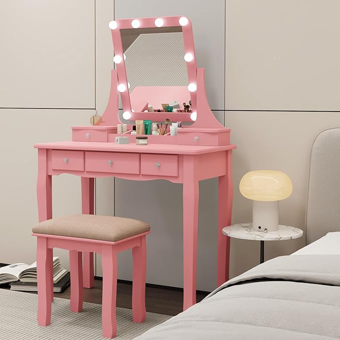 Vanity Desk with Mirror and Lights Makeup Vanity Desk with Lights Pink Vanity Table with Drawers and Chair Make Up Vanity with Lighted Mirror