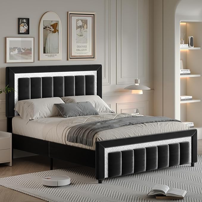 HOMBCK Queen Bed Frame with Headboard, Modern Platform Bed Frame with Velvet Upholstered Footboard and Sturdy Wooden Slats Support, Mattress Foundation, No Box Spring Required, Easy Assembly, Black