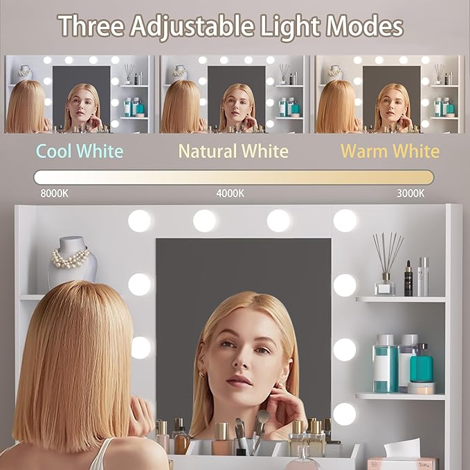 Vanity Desk with Mirror & Lights, Makeup Vanity Table with Charging Station, 3 Lighting Modes, Large Storage Space with Drawers and Shelves, Elegant White Vanity Set for Bedroom Dressing Room