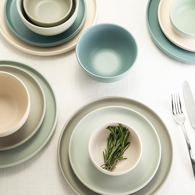 Sango Rollo 16-Piece Artist's Blend Casual Stoneware Dinnerware Set- Service for 4, Includes Larger & Smaller Bowls, Microwave & Dishwasher Safe, for Everyday Dining & Entertainment