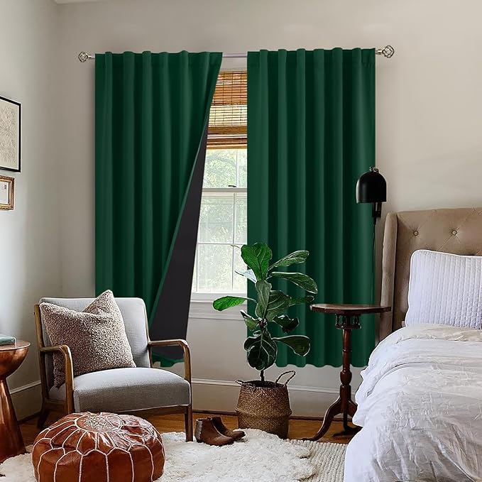 BGment 100% Thermal Insulated Blackout Curtains 72 Inches Long with Liner, Rod Pocket and Back Tab Double Layer Noise Reduce Room Darkening Curtains for Bedroom (52 x 72 Inch, 2 Panels, Emerald)