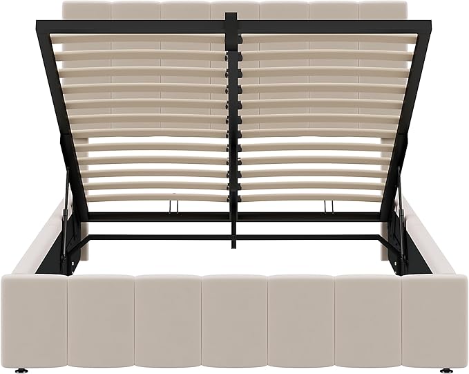 Full Size Bed Frame with Headboard, Elegant Linen Upholstered Platform Bed with a Hydraulic Storage System, Linen Fabric Backrest and Pine Wood Slats, No Box Spring Needed, Beige