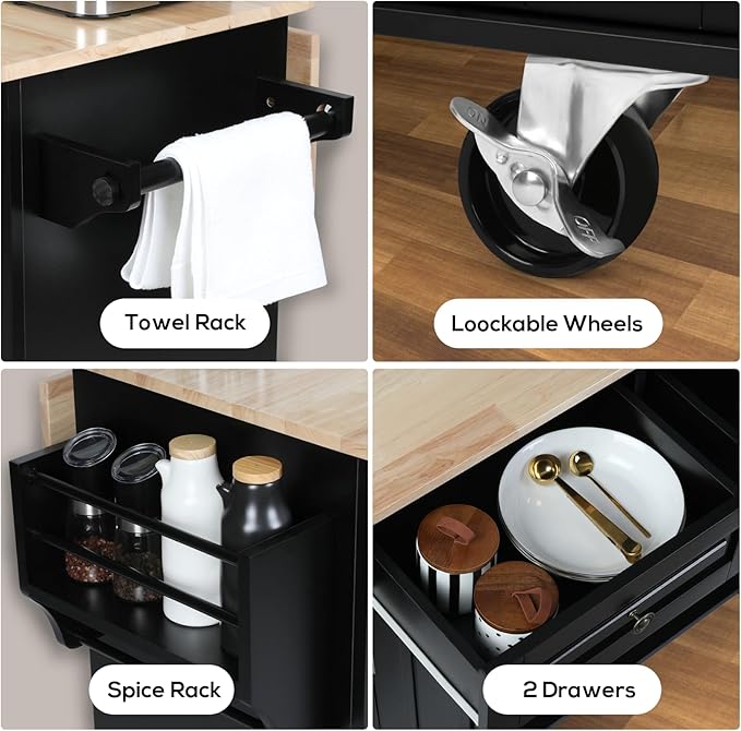VOWNER 43" W Kitchen Island with Drop Leaf, Rolling Kitchen Island with Drawers, Portable Island Kitchen with Storage, Floating Kitchen Cart with Spice Rack & Towel Rack, Isla para Cocina (Black)
