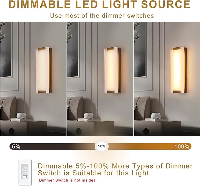 14.2in Alabaster Wall Sconces, Large Natural Marble Wall Sconces Set of Two, LED Modern Wall Lamp for Bedroom, Stairs, Living Room, Vanity, Bedside, Hallway （Brushed Bronze 12W）