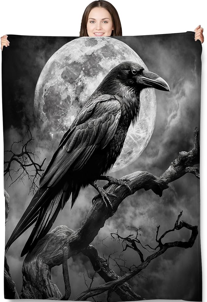 Gothic Blanket Gifts for Adults and Kids Raven and Moon Halloween Throw Blankets for Bed Room Couch Soft Lightweight Warm Cozy Throws Decor 50x60in
