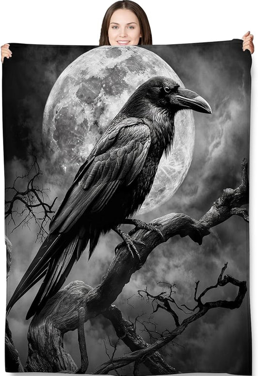 Gothic Blanket Gifts for Adults and Kids Raven and Moon Halloween Throw Blankets for Bed Room Couch Soft Lightweight Warm Cozy Throws Decor 50x60in