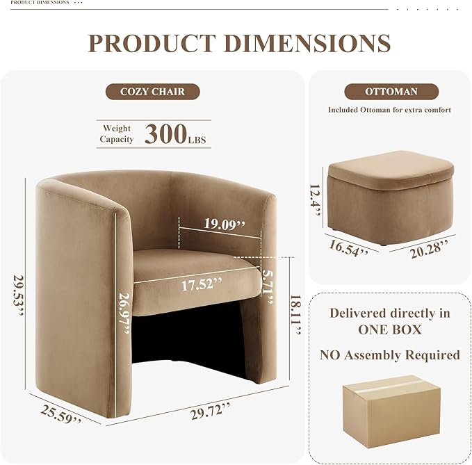 COLAMY Morden Velvet Barrel Accent Chair with Storage Ottoman Set of 2, Upholstered Living Room Side Chair, Single Sofa Armchair with Lounge Seat for Bedroom/Office/Reading Spaces, Khaki