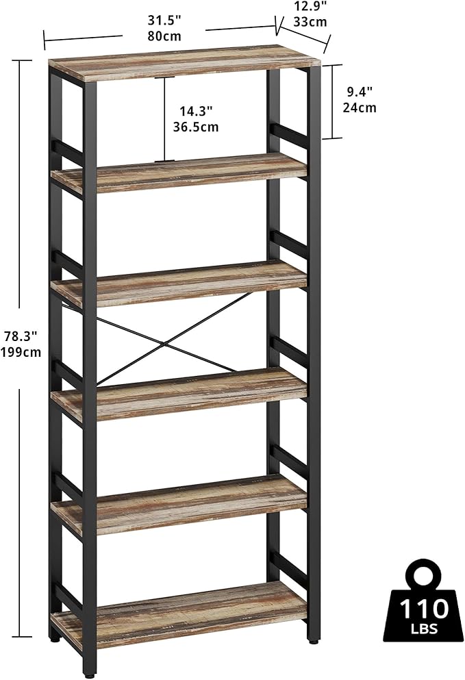 IRONCK Bookshelf, 31.5in Wide Shelf 6 Tier Bookcase, 110lbs/shelf Vintage Industrial Style Bookshelves for Bedroom, Living Room and Home Office, Industrial Brown