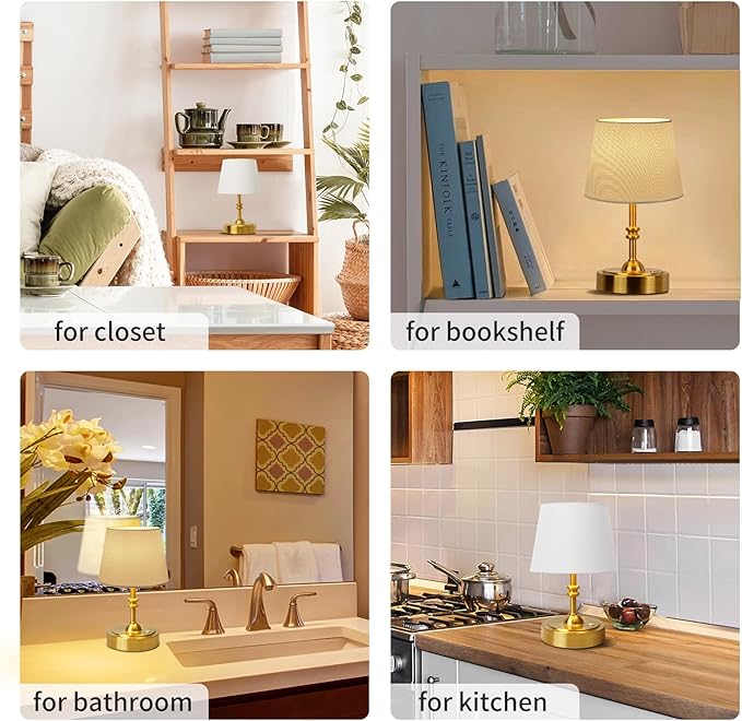 ONEWISH 2 Pack Small Cordless Lamps, Battery Operated Table lamp Dimmable, 4000mAh Rechargeable, Touch Bedside Lamp with White Fabric Shade, 2700K Bulb Included, for Dining, Patio, Bathroom(Gold)