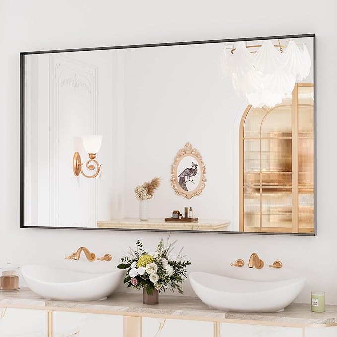 Bathroom Mirror Black,60x36 Inch Large Matte Black Bathroom Vanity Mirror,Rectangle, Square Corner, Anti-Rust,Shatter-Proof, Bedroom, Living Room, Entryway, Wall-Mounted(Horizontal/Vertical)