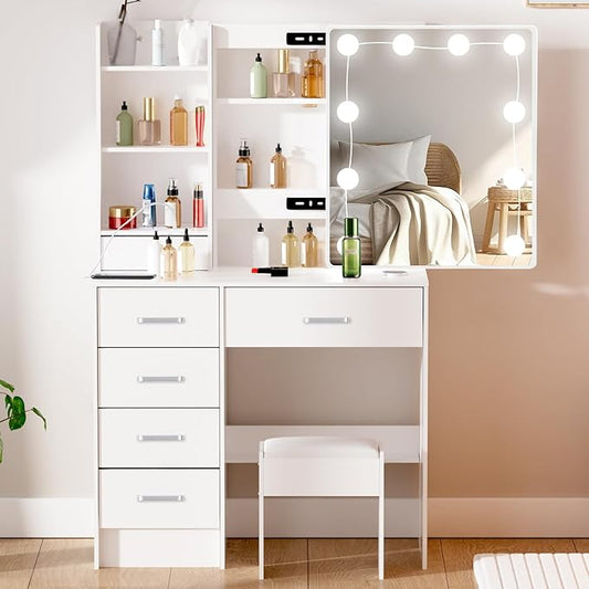 Vanity Desk with Mirror and Lights, White Makeup Vanity with Power Outlet and 3 Lighting Modes, Vanity Table with 6 Drawers, Storage Shelves and Vanity Stool, Dressing Table for Girls, White