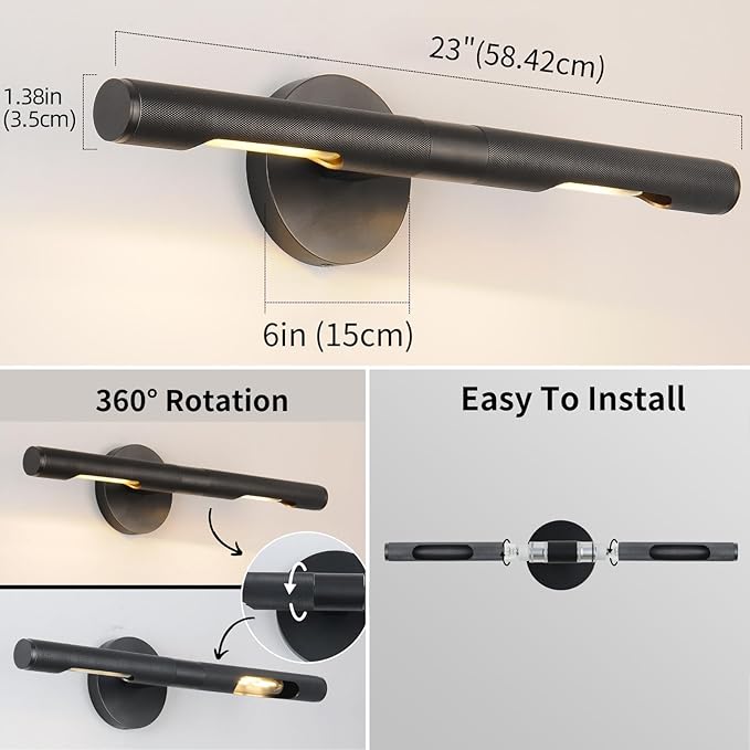 Hardwired Black Brass 24" Knurled Picture Light, Dimmable Rotatable 360°Picture Light for Wall, Vanity Light, Gallery Wall Light,Wall Sconce Lighting,Picture Frame Light,Include Bulb