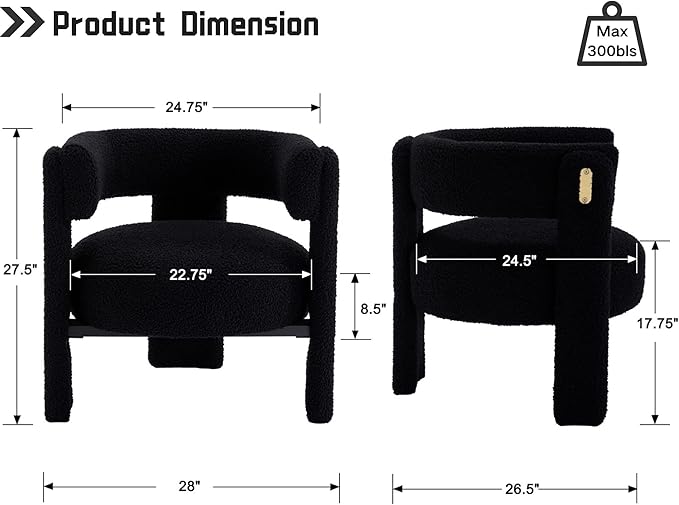 Black Boucle Barrel Accent Chair, Comfy Upholstered Living Room Chair Mid-Century Modern Reading Chair with Open Back Round Corner Side Sitting Lounge Armchair for Bedroom/Office