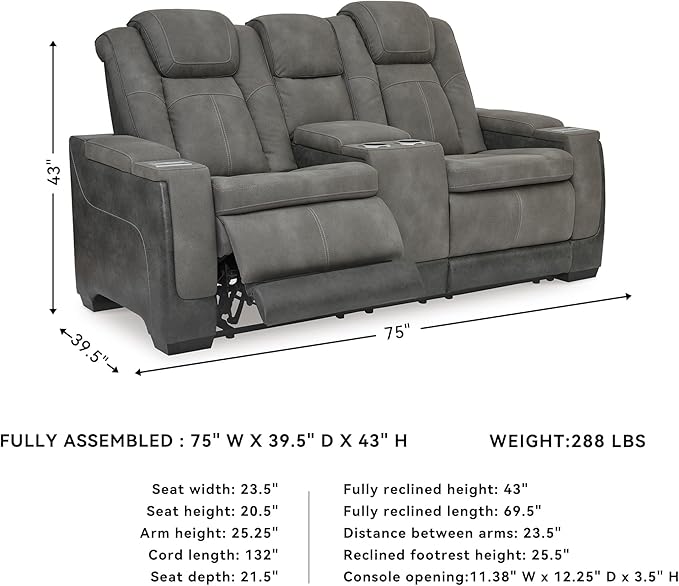 Signature Design by Ashley Next-Gen DuraPella Modern Faux Leather Power Reclining Loveseat with Console & Adjustable Headrest, Gray