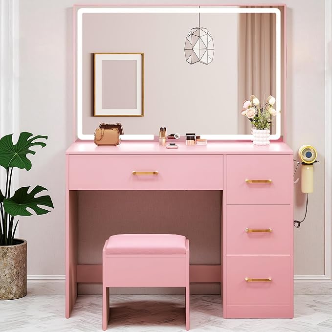YITAHOME Makeup Vanity Table Set with Touch LED Mirror, Built-in Power Outlets, 4 Storage Drawers, Hair Dryer Holder, Cushioned Stool, Pink