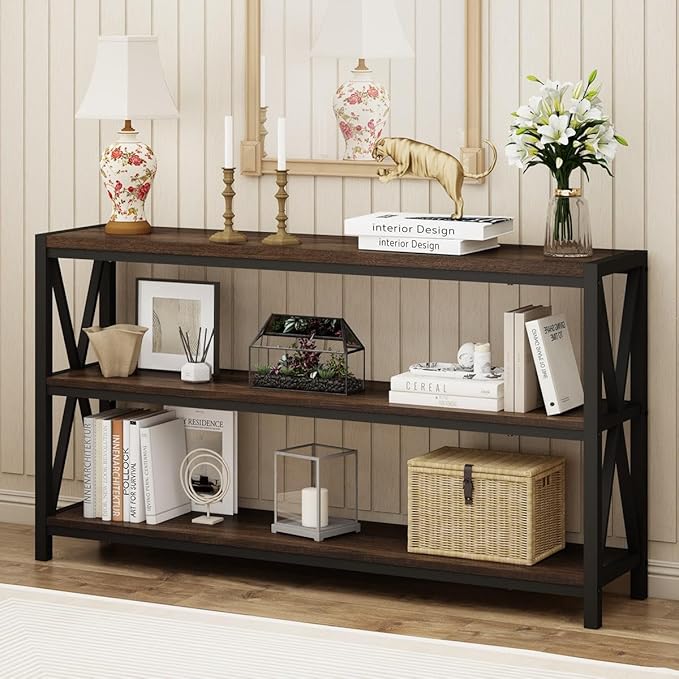 FATORRI Console Table for Entryway, Modern Entry Table with 3 Tier Shelves, Couch Tables Behind Sofa for Living Room (55 Inch, Dark Walnut)