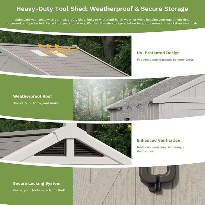 Patiowell 10x10 FT Outdoor Storage Shed, Plastic Shed with Floor and Skylight, Four-Window Resin Storage Shed with Lockable Door for Garden, Patio, Backyard, Beige