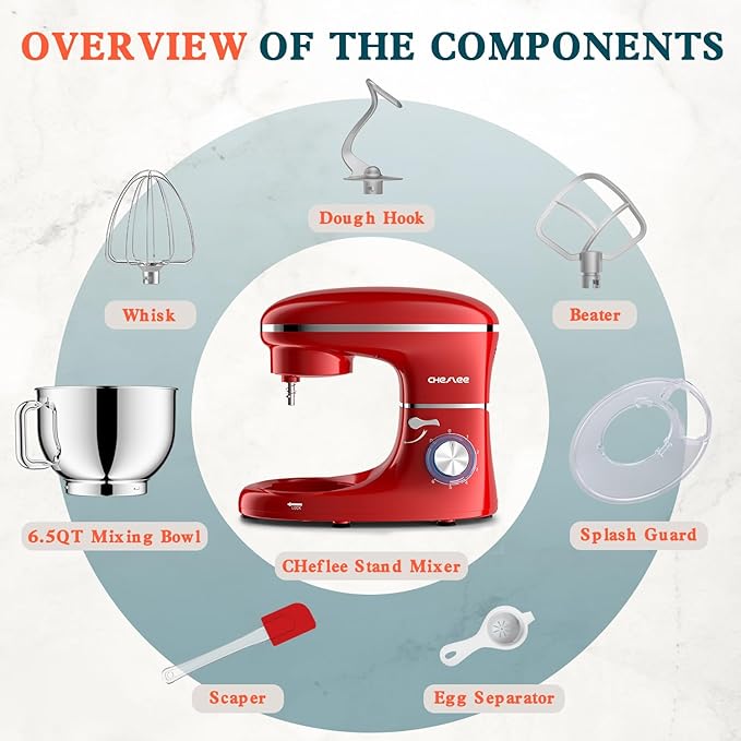 CHeflee Stand Mixer,600W 6+P With 6.5QT Stainless Steel Bowl,Dough Hook, Wire Whip & Beater,for Most Home Cooks,Red