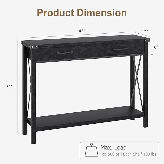 Klaesio 31-inch Side Table Suitable for Entrances, Hallways, and Living Rooms Two-Tier Narrow Sofa Side Table Industrial-Style Entrance Table with Drawers and Open Storage Shelves - Black