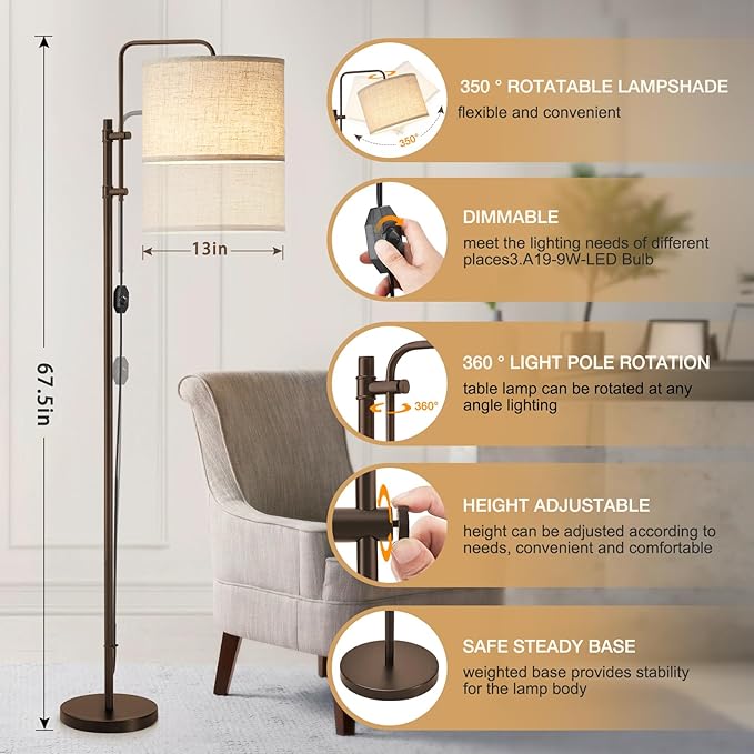 Floor Lamp for Living Room, Adjustable Height Standing Lamps with 350° Rotate Linen Lampshade, 67.5-Inch Brown Modern Tall Lamp Dimmable Floor Lamps for Corner Bedroom Home Office (Bulb Included)