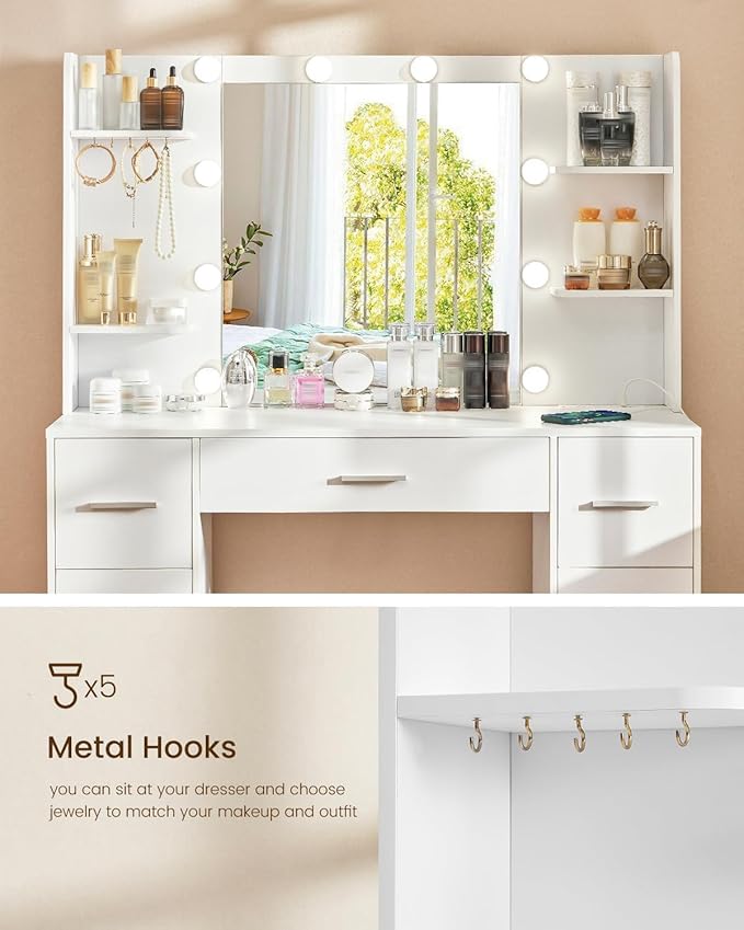 Quimoo Large Vanity Desk with LED Lighted Mirror & Power Outlet,Makeup Vanity Table with 7 Drawers,4 Shelves and 5 Hooks,Vanity Table, Vanity Desk Set for Bedroom,Bathroom,White