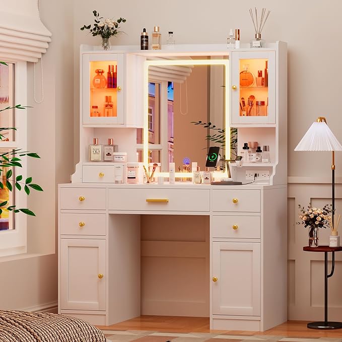 White Makeup Vanity Desk with Mirror and Lights, Large Vanity Table Set with Charging Station, Dressing Table with RGB Cabinets, Makeup Vanity Mirror with Light Desk and Drawers, 3 LED Lights Modes