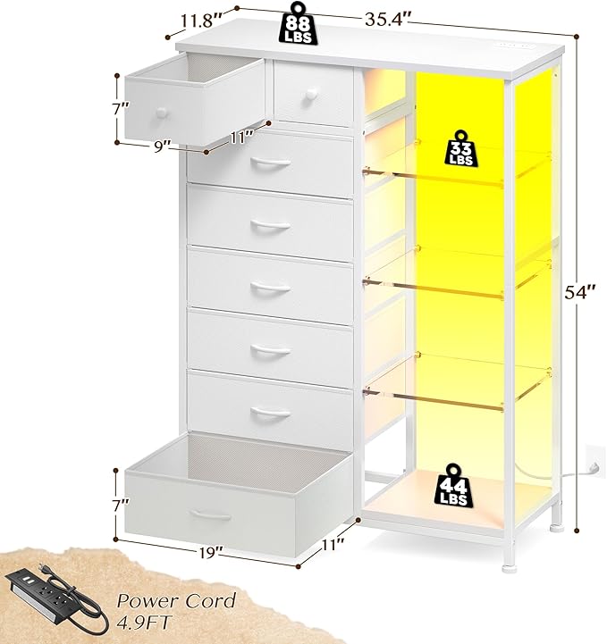 EnHomee Dresser for Bedroom with LED Lights & Power Outlets Tall Dresser with 8 Drawers Fabric Dressers & Chests of Drawers for Bedroom, Closet, Sturdy Metal Frame, Acrylic Plates (White)