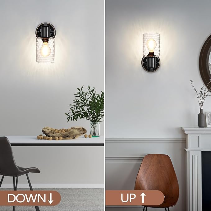 Wall Sconces Set of 2 - Matte Black Vanity Lights for Bathroom Modern Wall Light Fixtures with Rotary Switch - Wall Mount Light with Hammered Glass,Farmhouse Wall Lamp for Bedroom Mirror Living Room